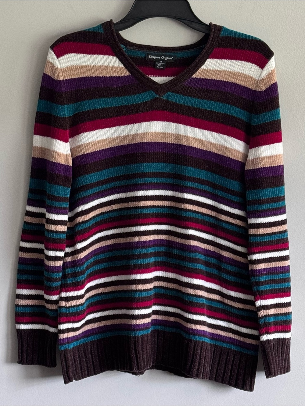 Designers Originals Striped V-Neck Sweater in Teal, Burgundy, Purple & Cream